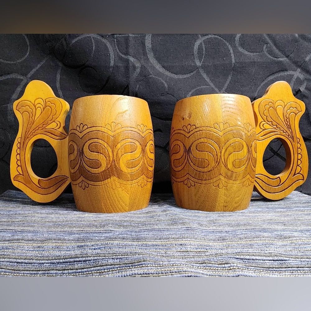 Vintage Wooden Mug, Soviet, 0.33L Beer Stein or Tankard Wood Burned  (2)